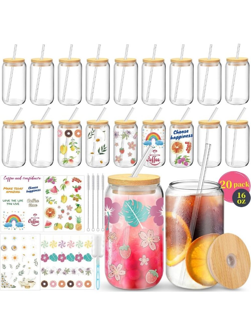 16 oz Glass Cups with Lids & Straws - 20-Pack Reusable Tumblers for Hot & Cold